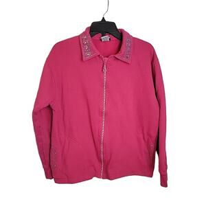 Isaac's Design Full Zip Pink Embellished Knit Preppy Cardigan Sweater Size Large
